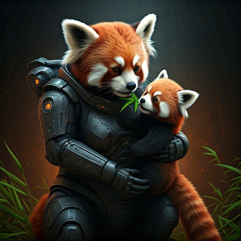 Red Panda Mother and Cub in Sci-Fi Exosuit