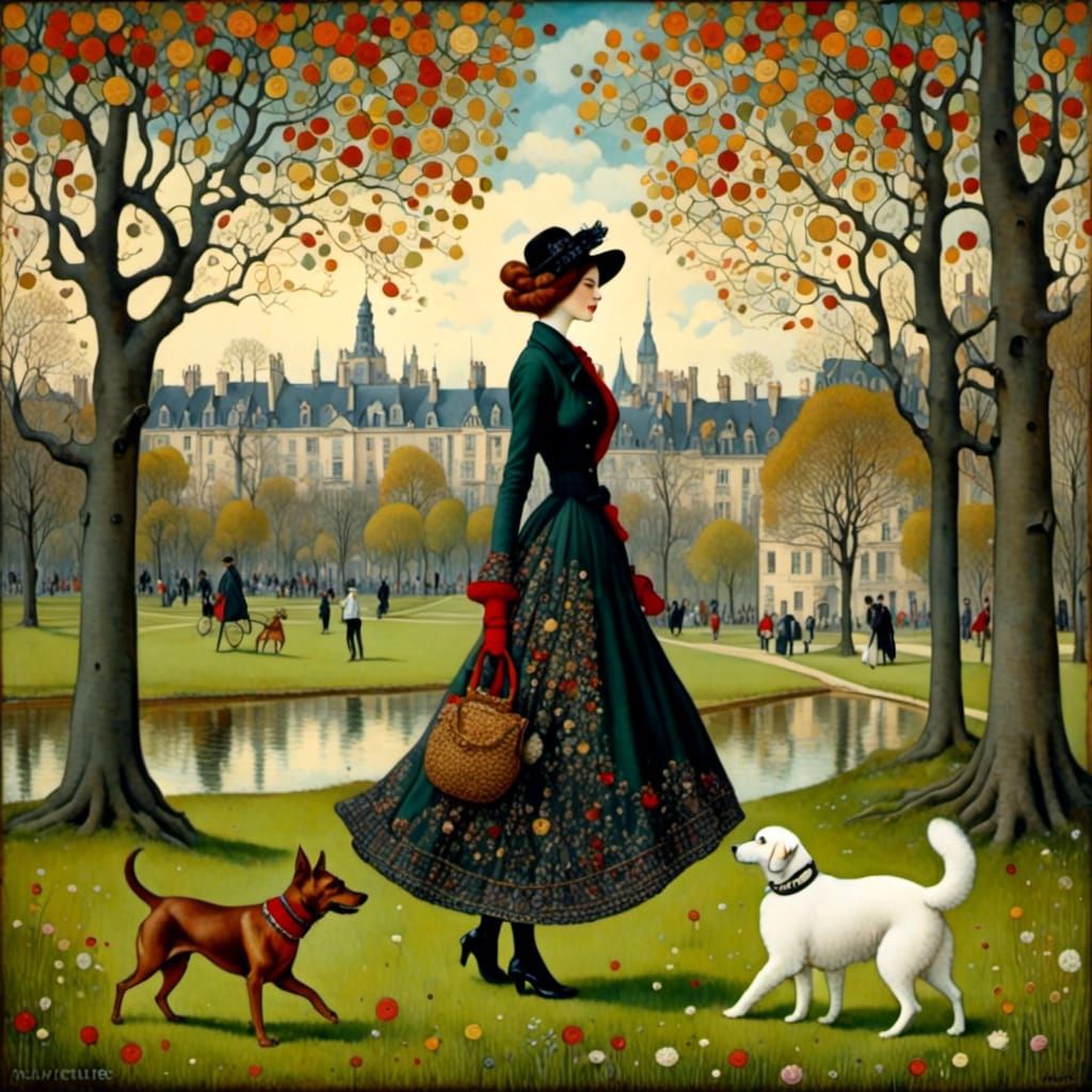 Stylish Woman and Dog in Park: Naive Art