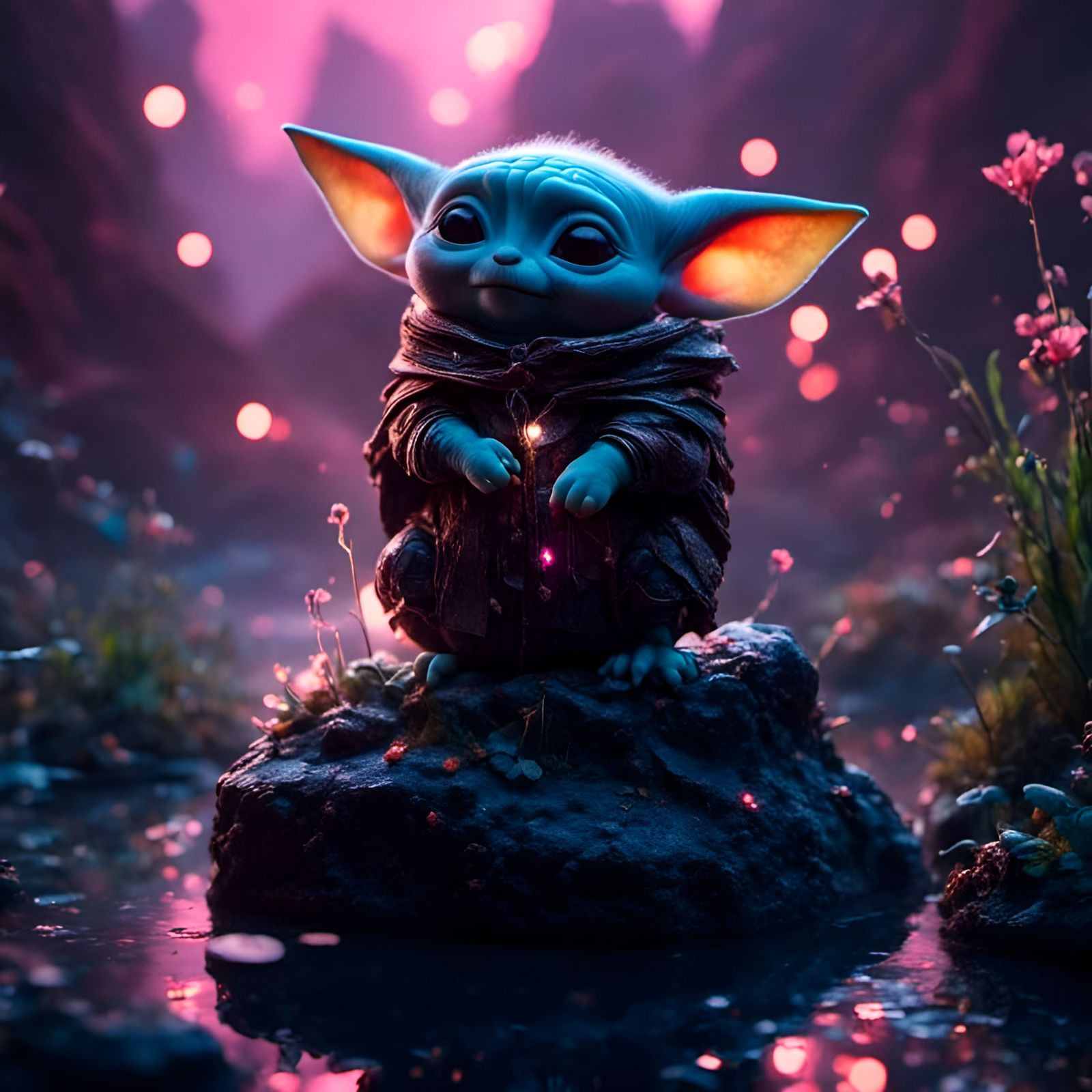 Cute Grogu in Misty Swamp: 3D Digital Art