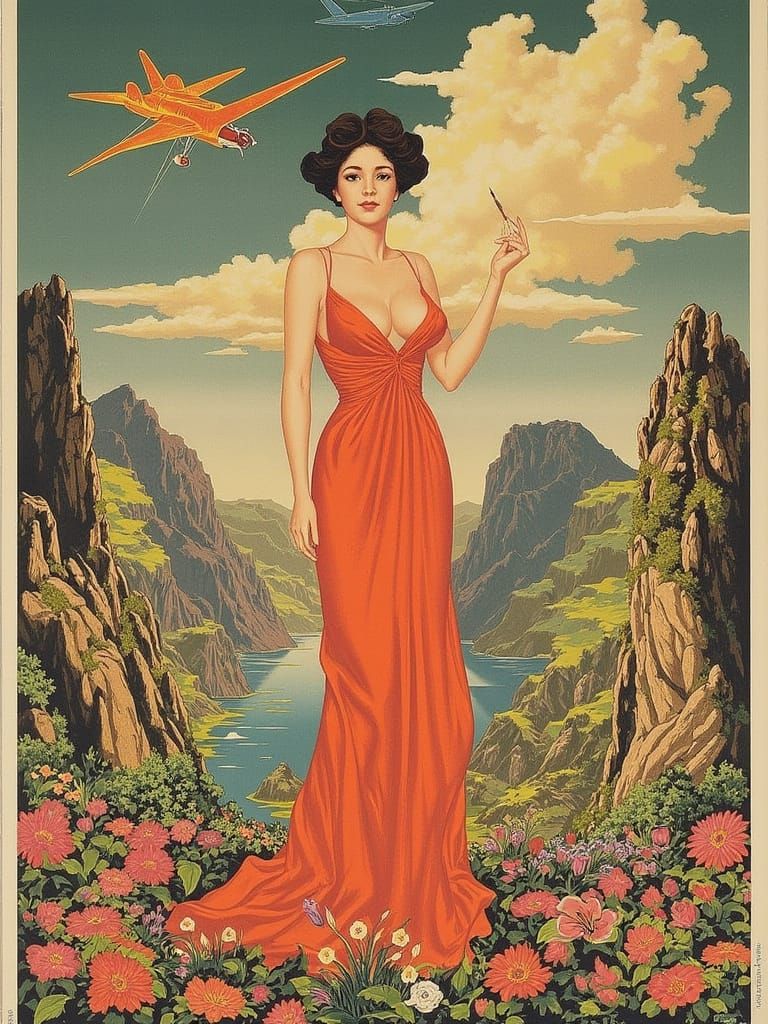 Cosmic Mountainscape with Elegant Woman in Anime Renaissance...