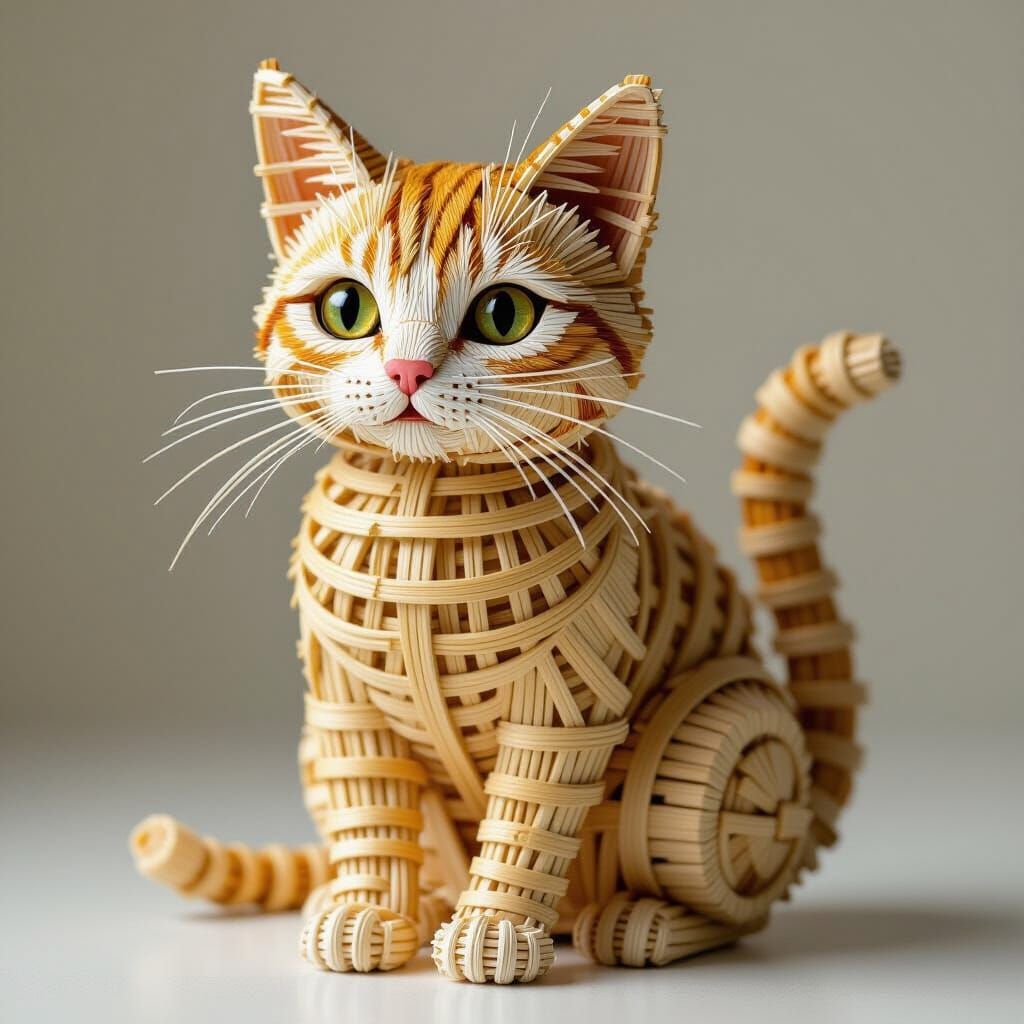 Calico Cat Sculpture Made of Wooden Toothpicks