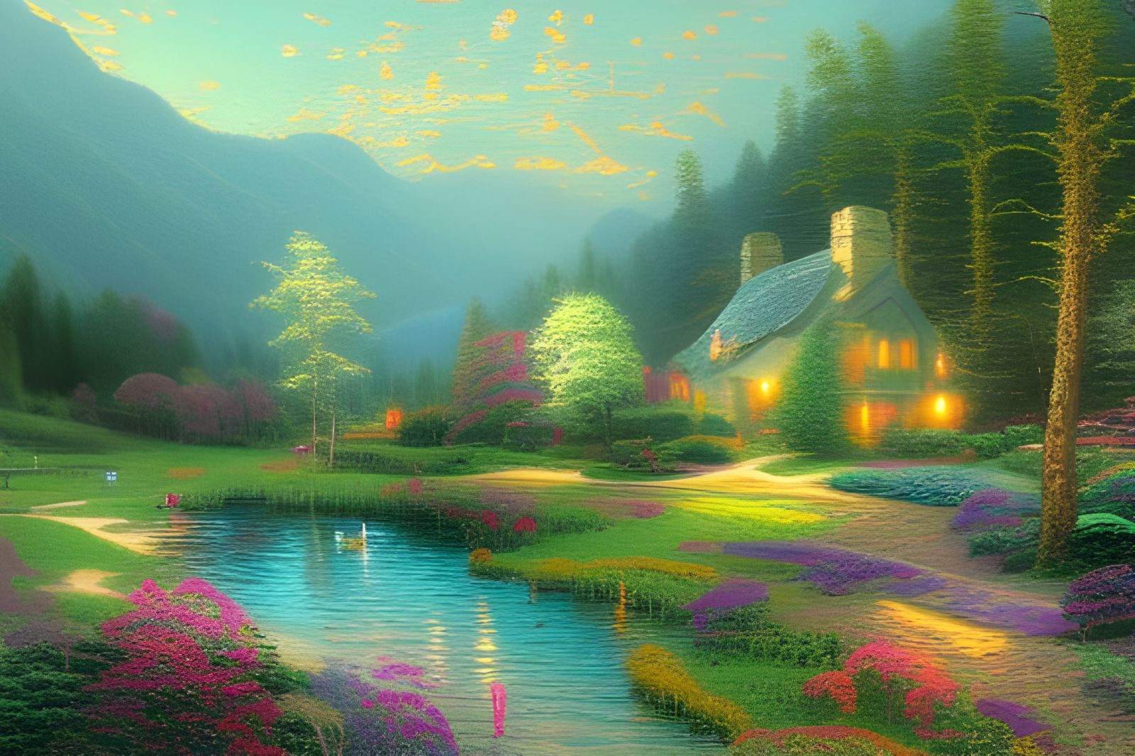 Picturesque Lakeside Village in Luminist Style