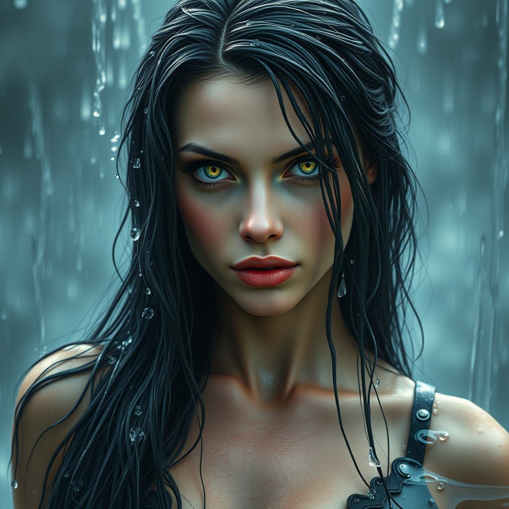 a striking portrait of a woman with long, wet hair, her intense gaze captivating. Water gently cascades over her shoulde...