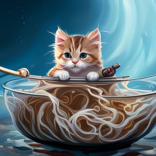 Kitten in Ramen Bowl: Hyperrealistic Splash Art