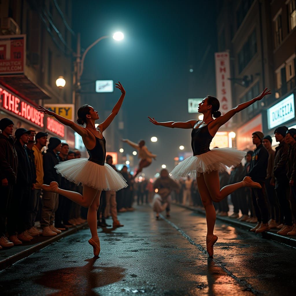 Urban Ballet Dance-Off in Neon-Lit Streets