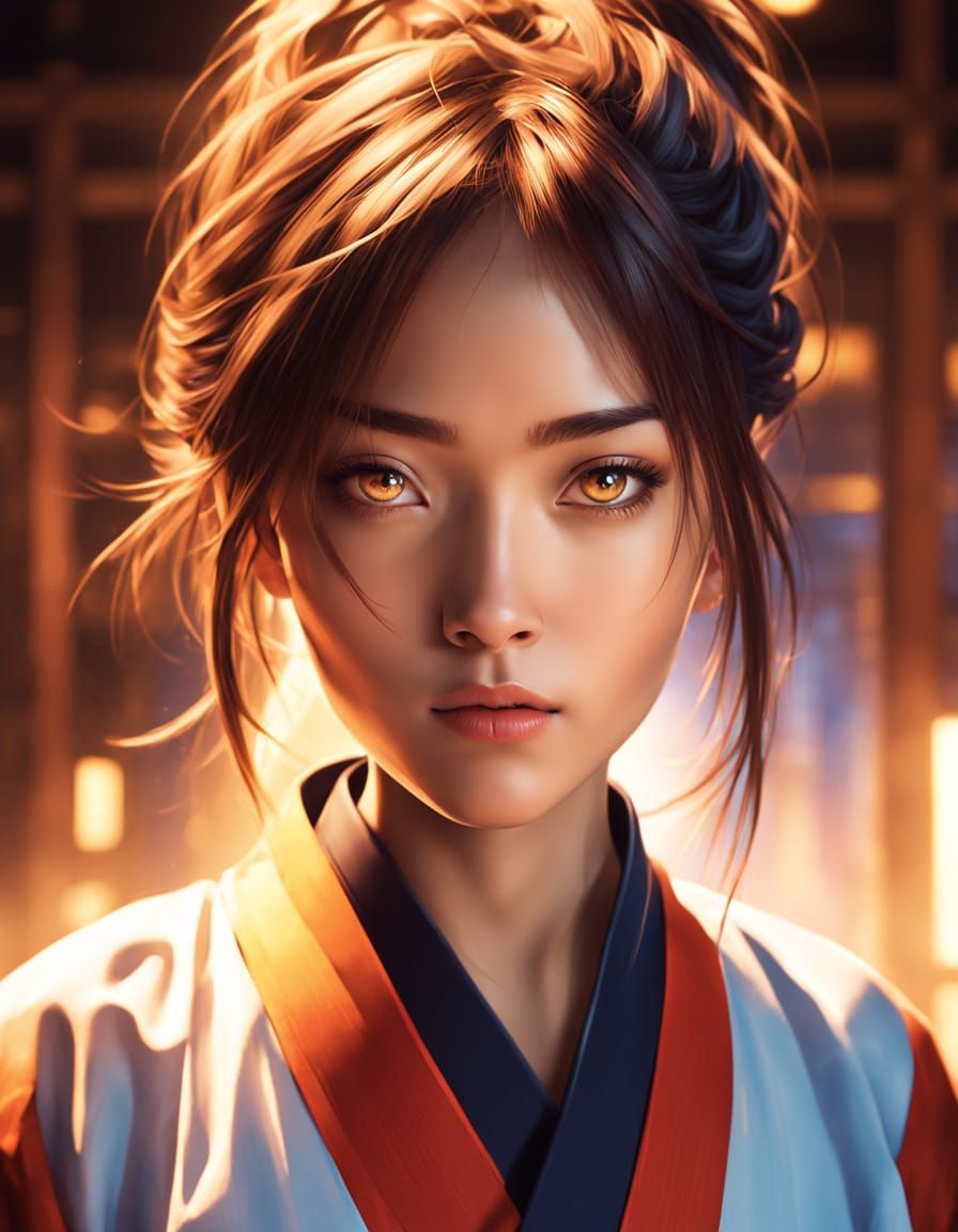 Girl in Karategi Uniform in Dojo: Digital Art