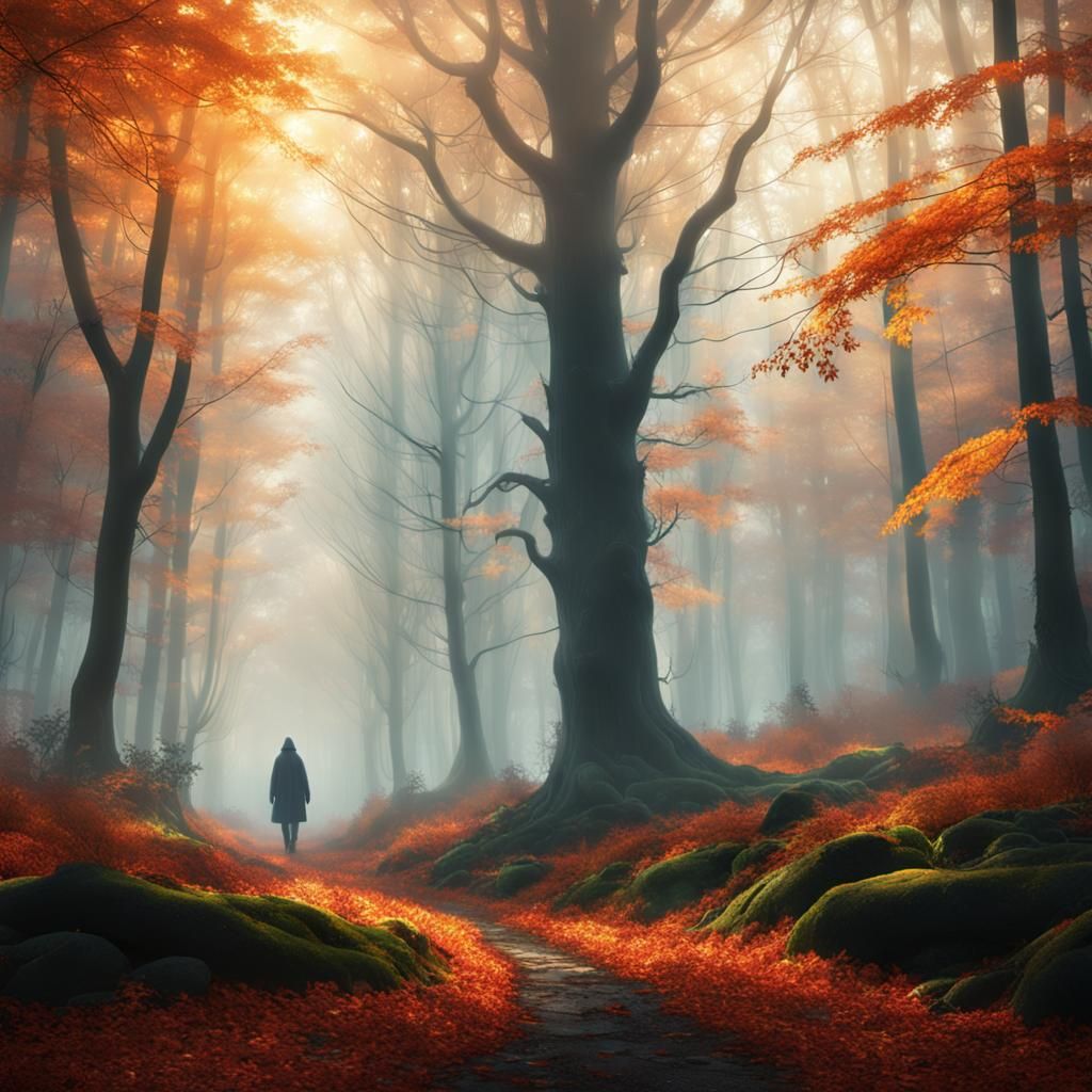 Mystical Figure in Autumn Forest: Digital Matte Painting