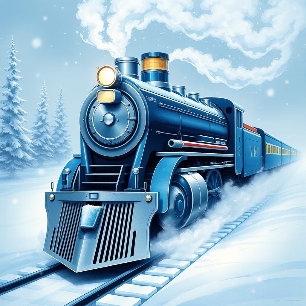 Blue Art Deco Steam Train Chugs Through Snowy Winter Wonderl...