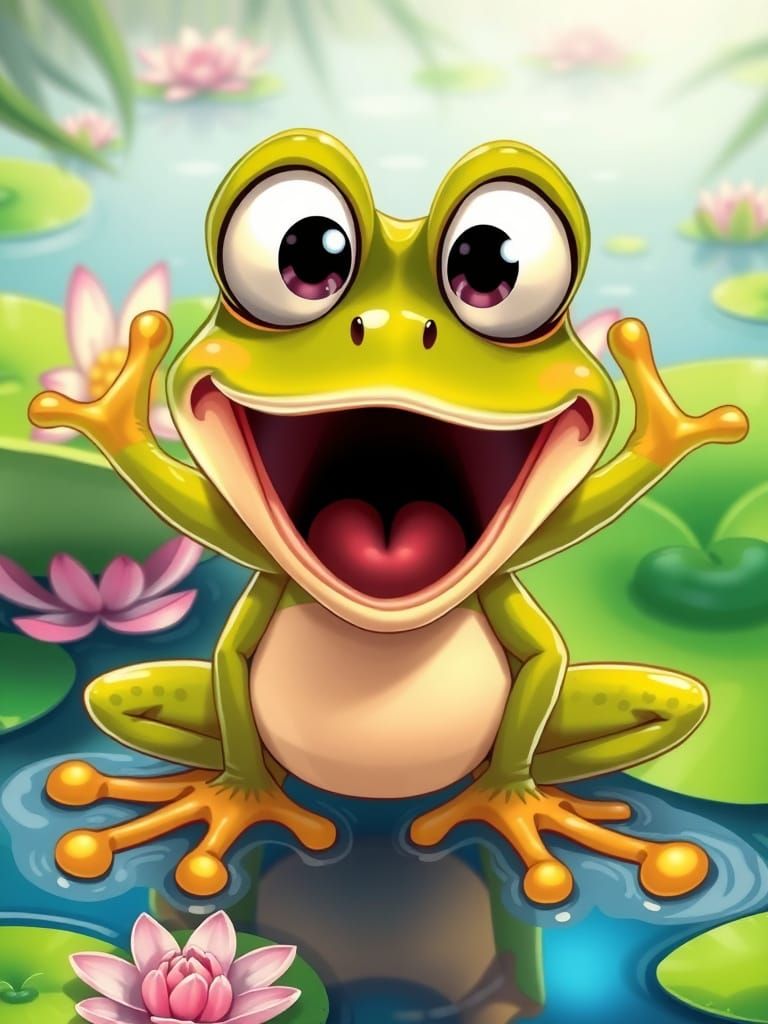 Surprised Frog in Cartoon Style on Lily Pond