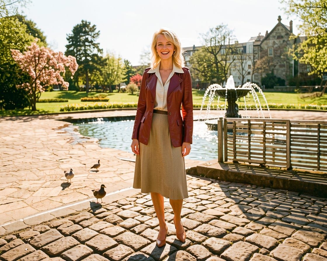 1960s Blonde Model Poses by Fountain in Sunny Photo