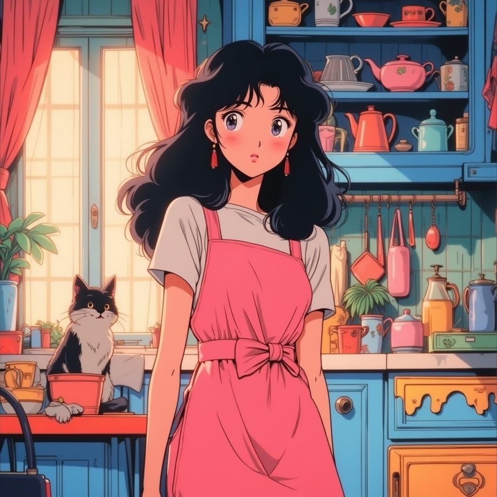 Colorful Retro Anime Girl in Whimsical 80s Kitchen with Curi...