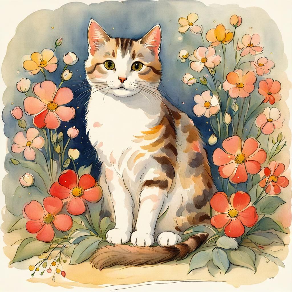 Cute Cat Surrounded by Flowers and Lights