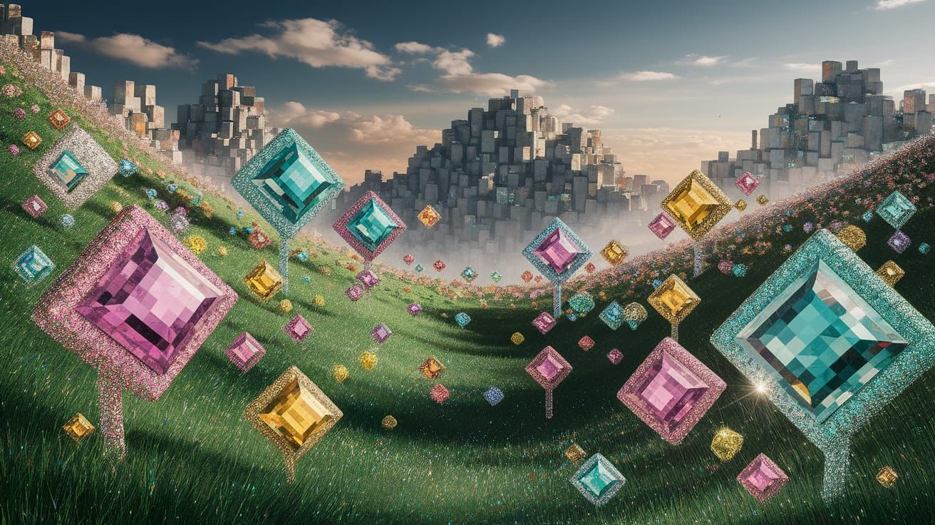 Surreal Square Meadow Scene in Vibrant Gemstone Colors
