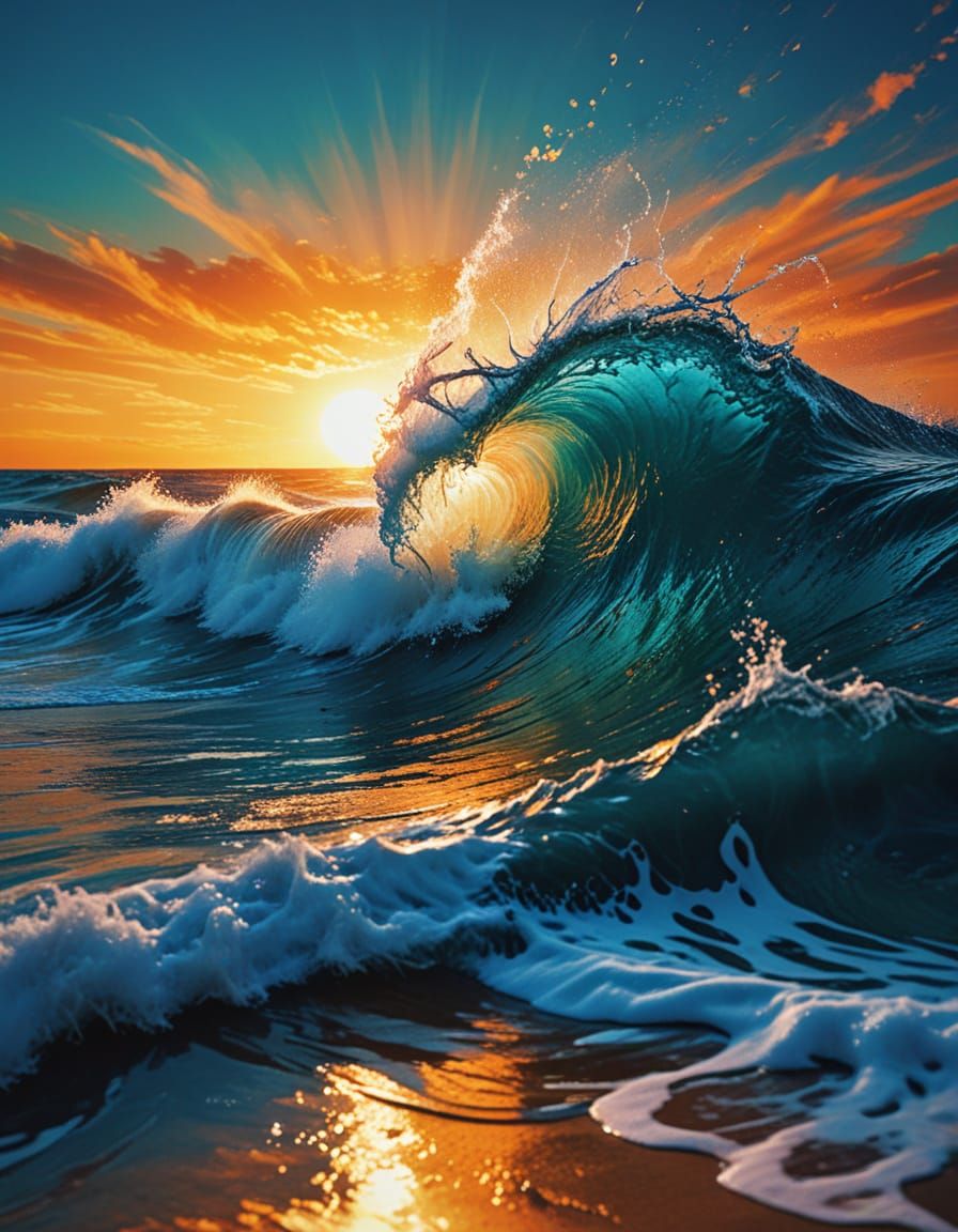 Vibrant Ocean Sunset in Expressive Risograph Collage