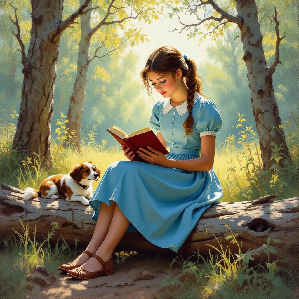 Girl Reading Book in Forest, Oil Painting