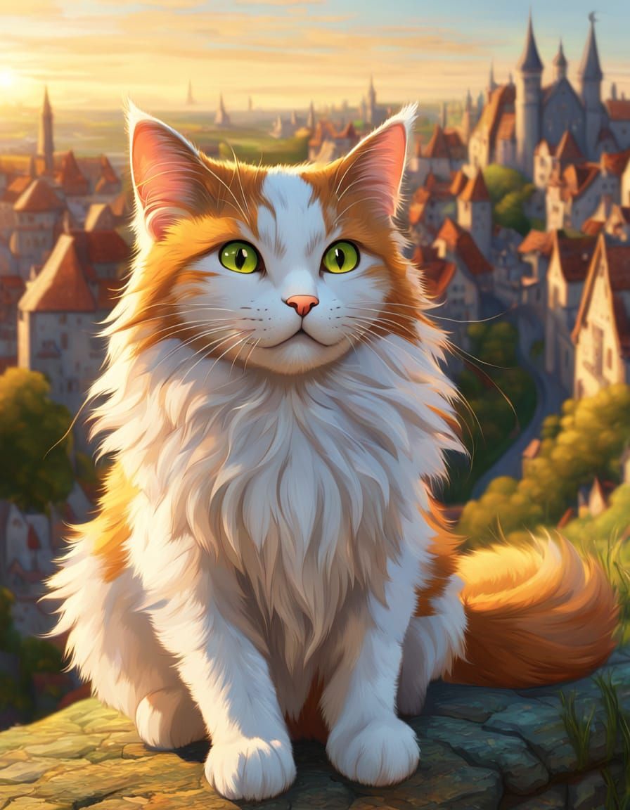 Anime Cat Adjusts Hair Overlooking Medieval City