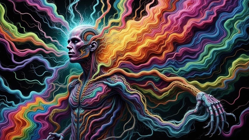 Biomechanical Android Man Pierced by Vines in Photorealistic...