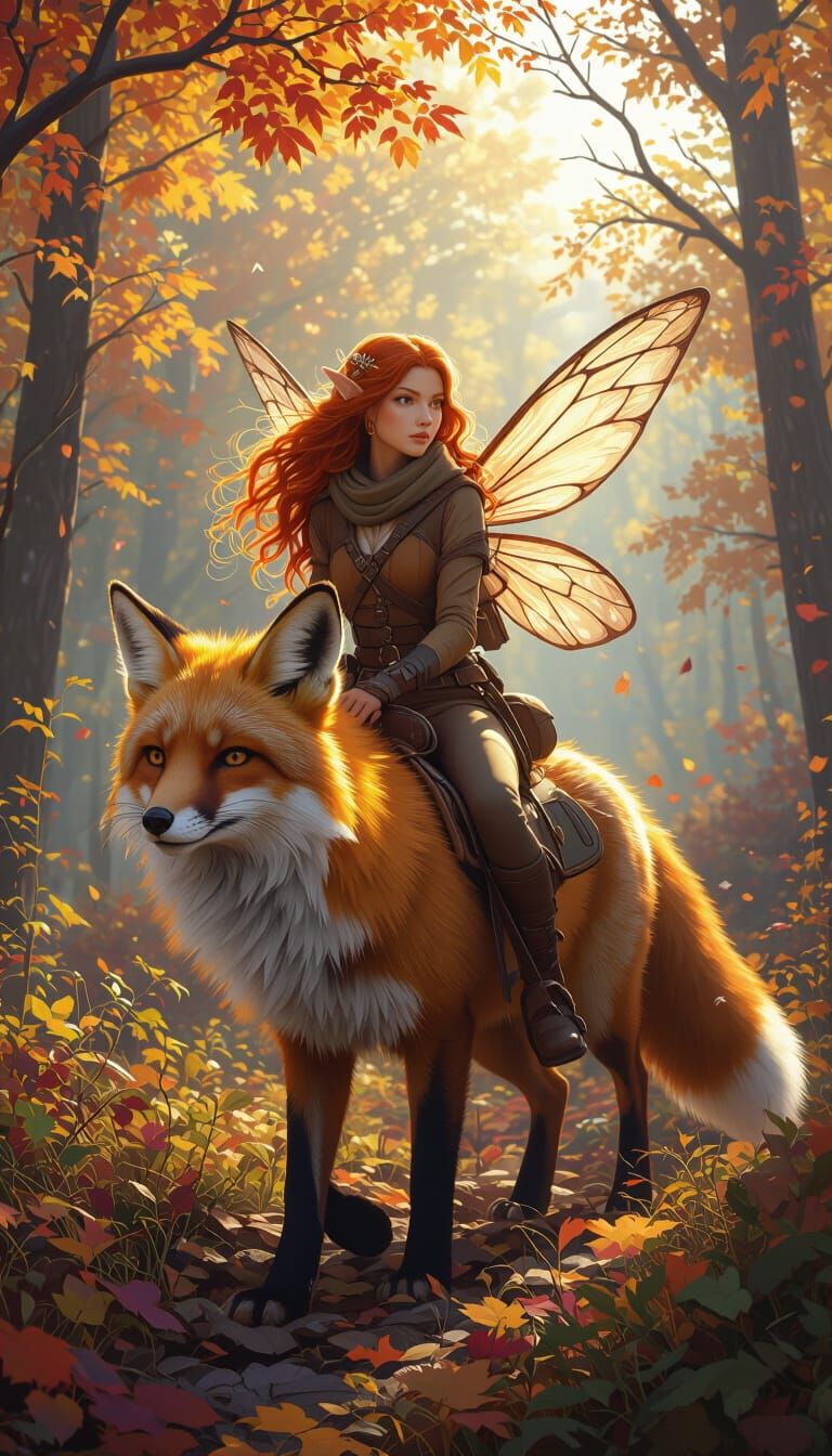 Red-Haired Fairy Rides Fox Through Autumn Forest