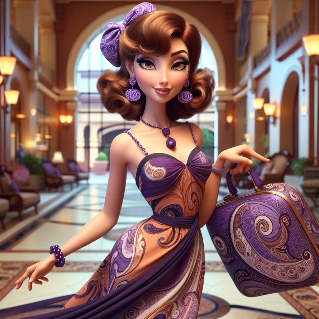 Disney Pixar style 3D beautiful gorgeous woman, wearing oriole and paisley flowing elegant dress, purple paisley bow in ...
