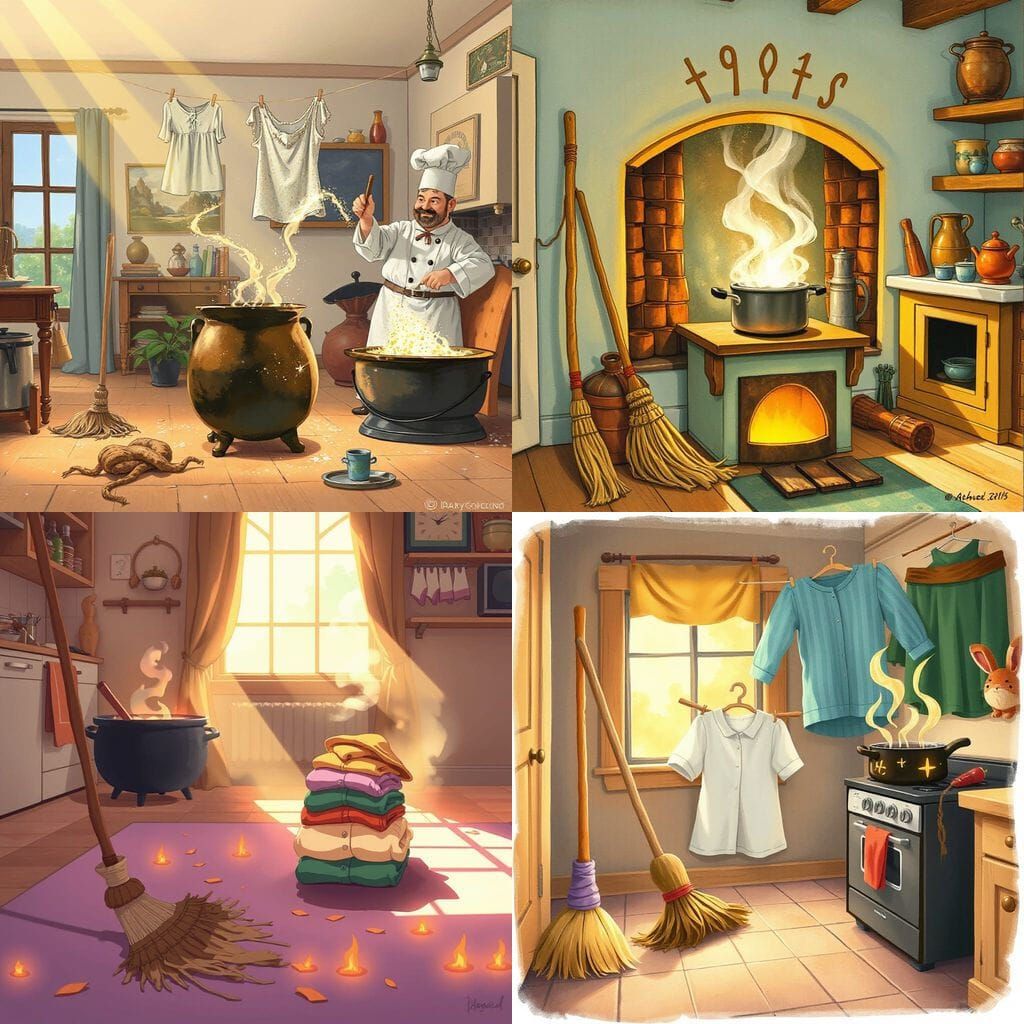 Enchanted Household Chores in Magical Art Style