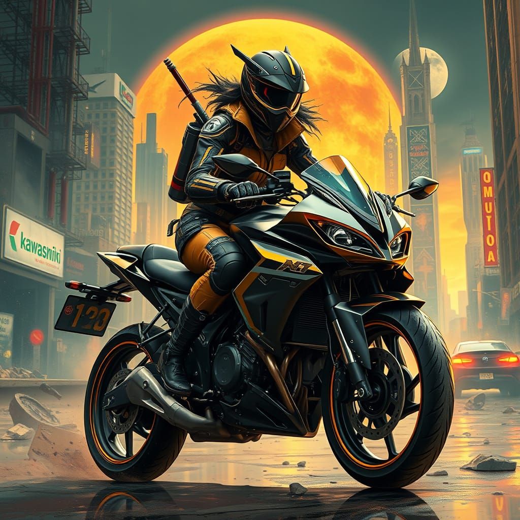 Cyberpunk Bounty Hunter on Ninja Bike in Ruined City