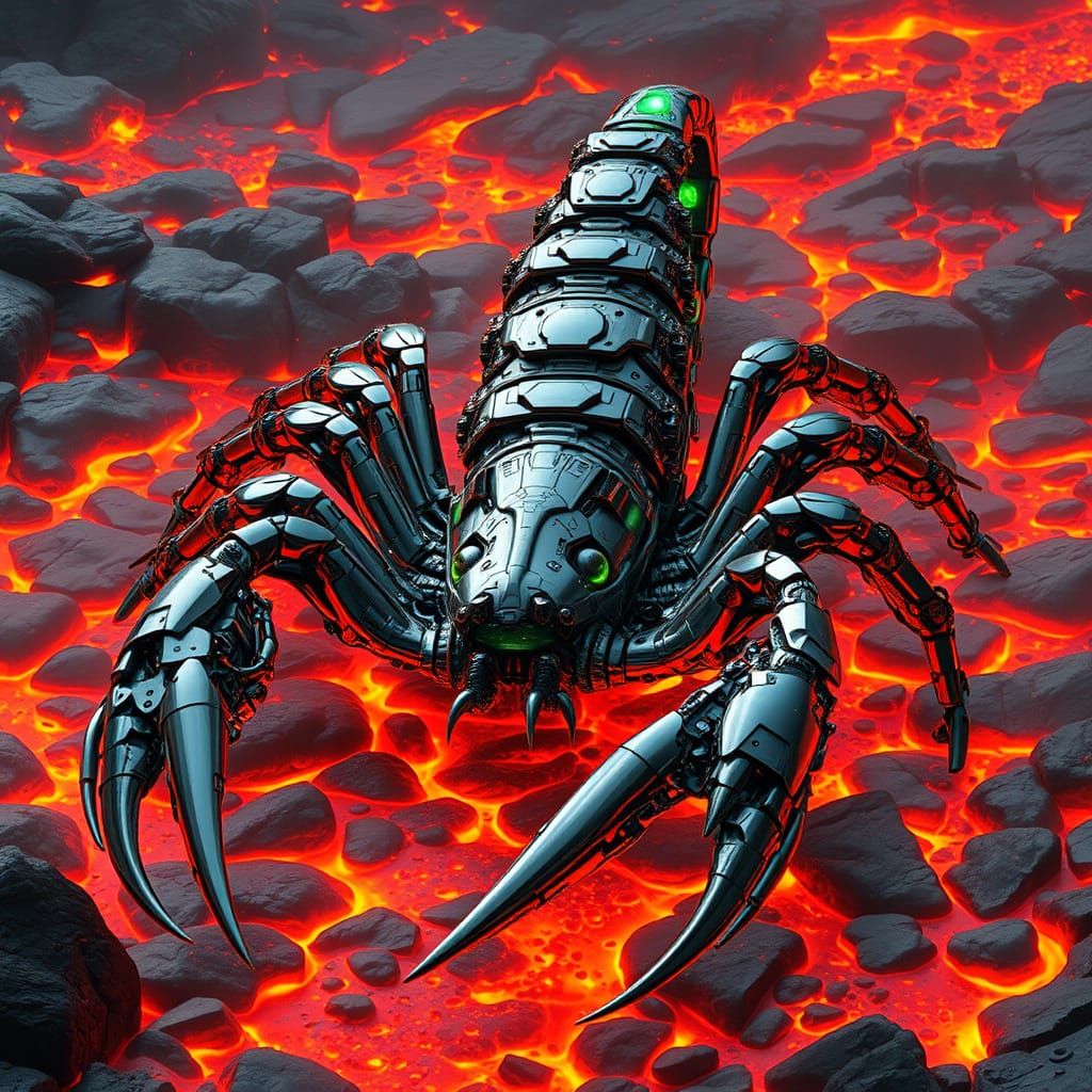 Cybernetic Scorpion: Futuristic Metal Marvel with Lava Lands...