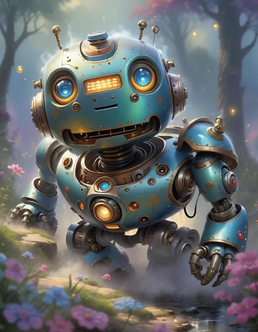 Adorable Robot in a Hyperdetailed Fantasy Landscape