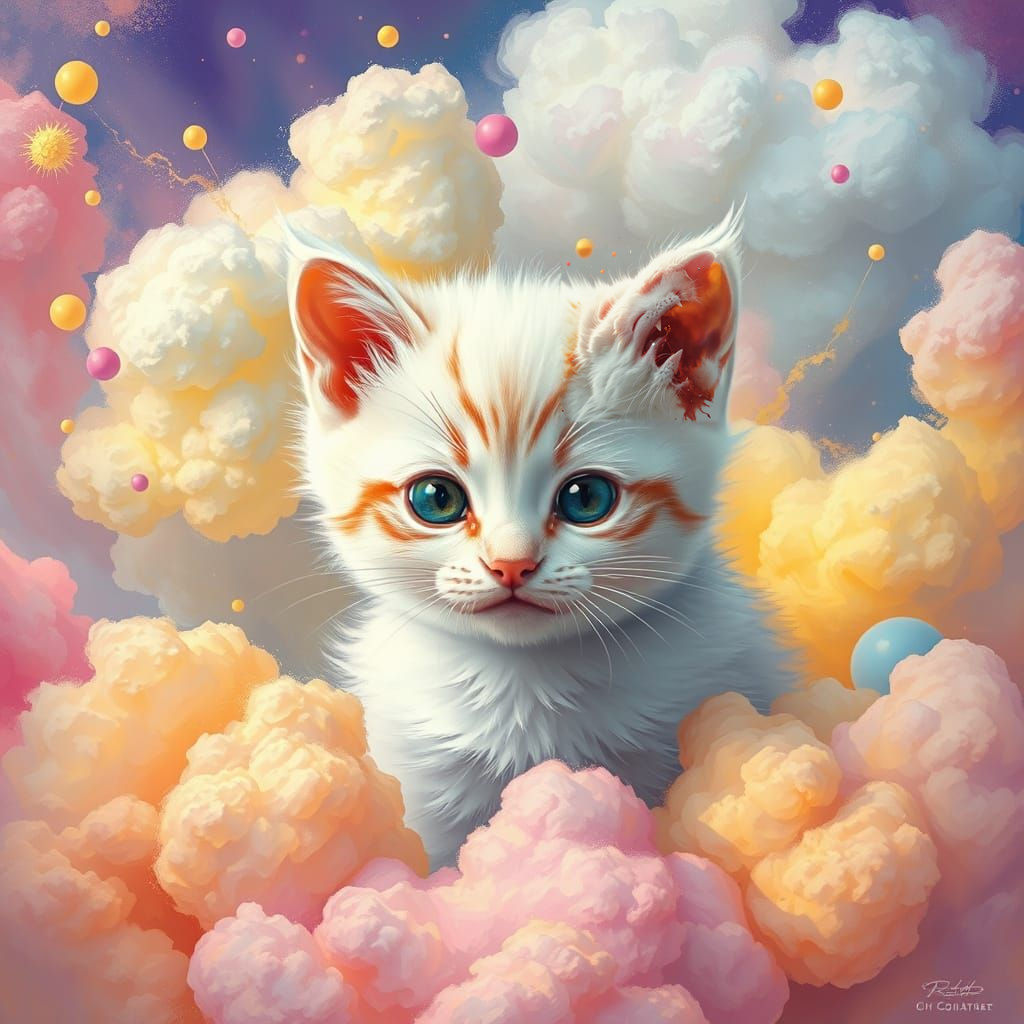 Vibrant Color Bombs Surround a Whimsical White Kitten in a F...