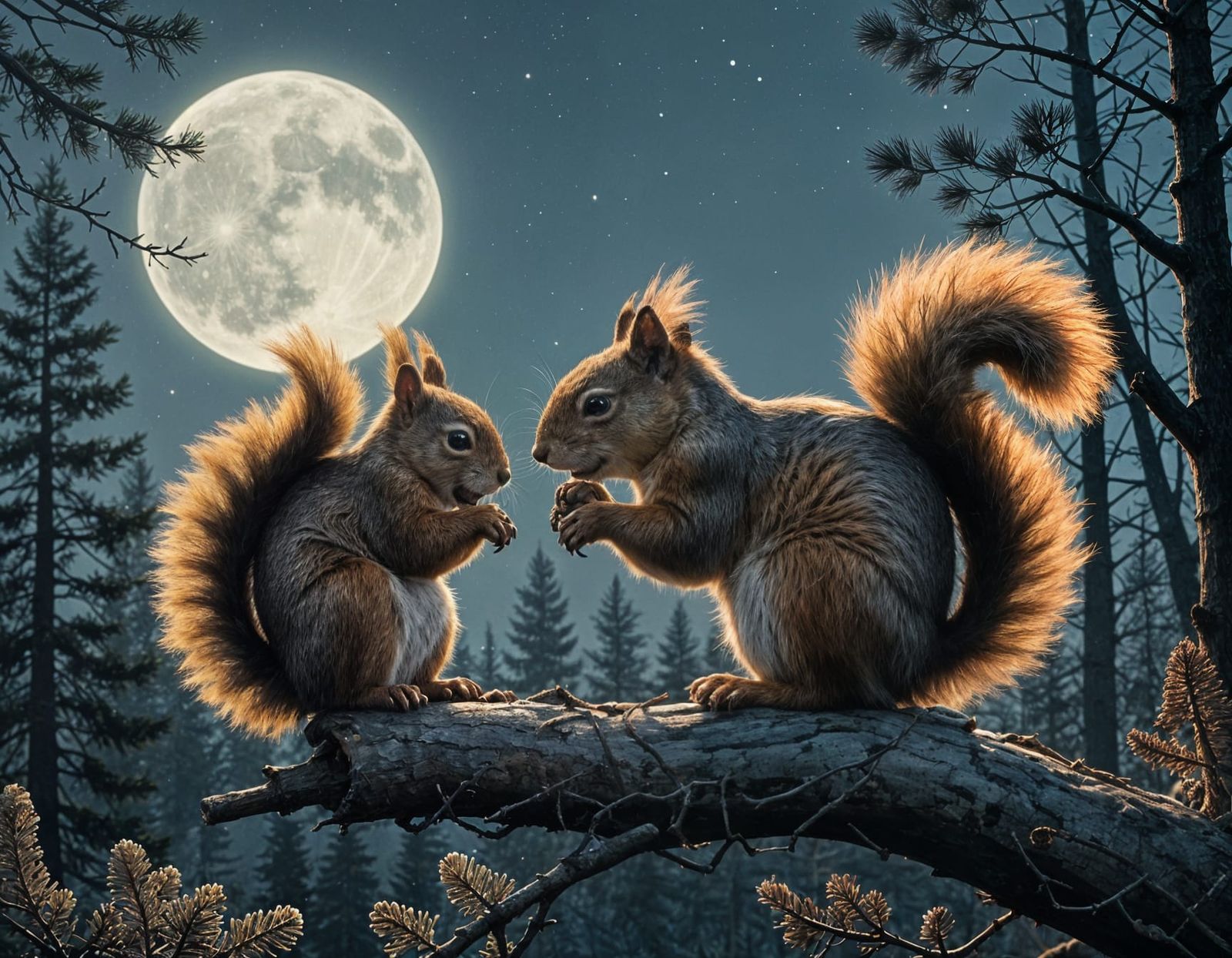 Squirrels Huddle Under a Dreamy Moonlit Sky