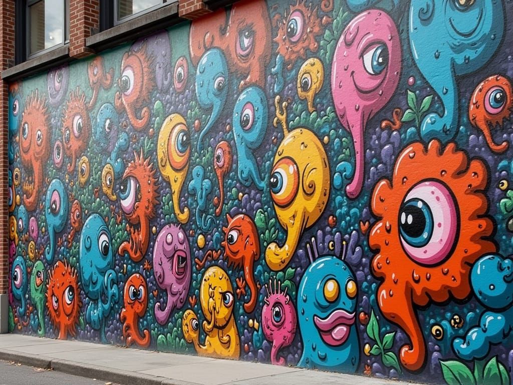 Kaleidoscopic Graffiti Mural with Eccentric Characters