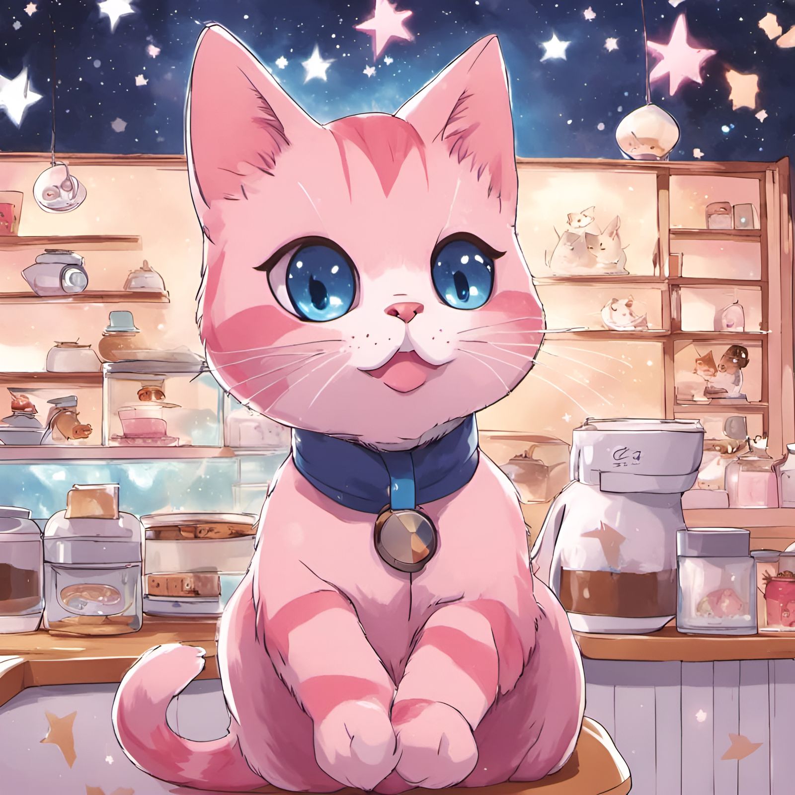 Smiling Pink Cat in Anime Style Cat Café