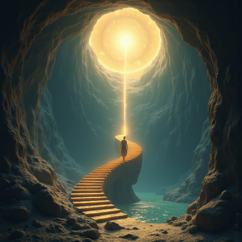 Mystical Ascent: Figure Climbing to Light in Cave