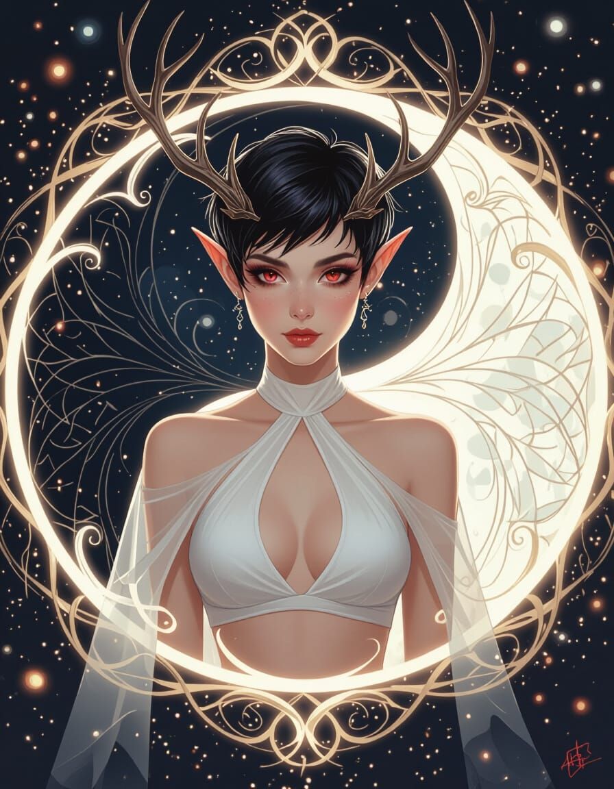 Elf Maiden in Cosmic Yin Yang, Alphonse Mucha Style