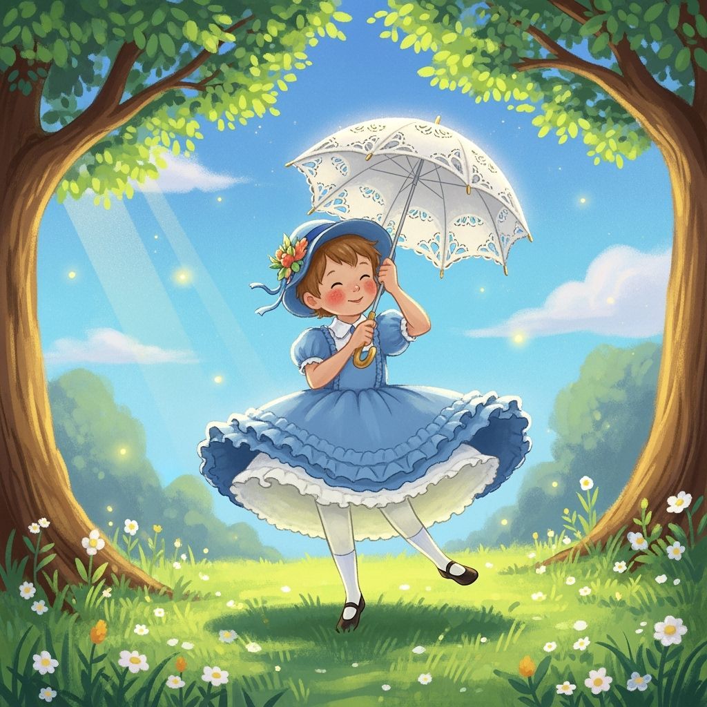 Boy in Dress Twirls with Parasol in Storybook Style