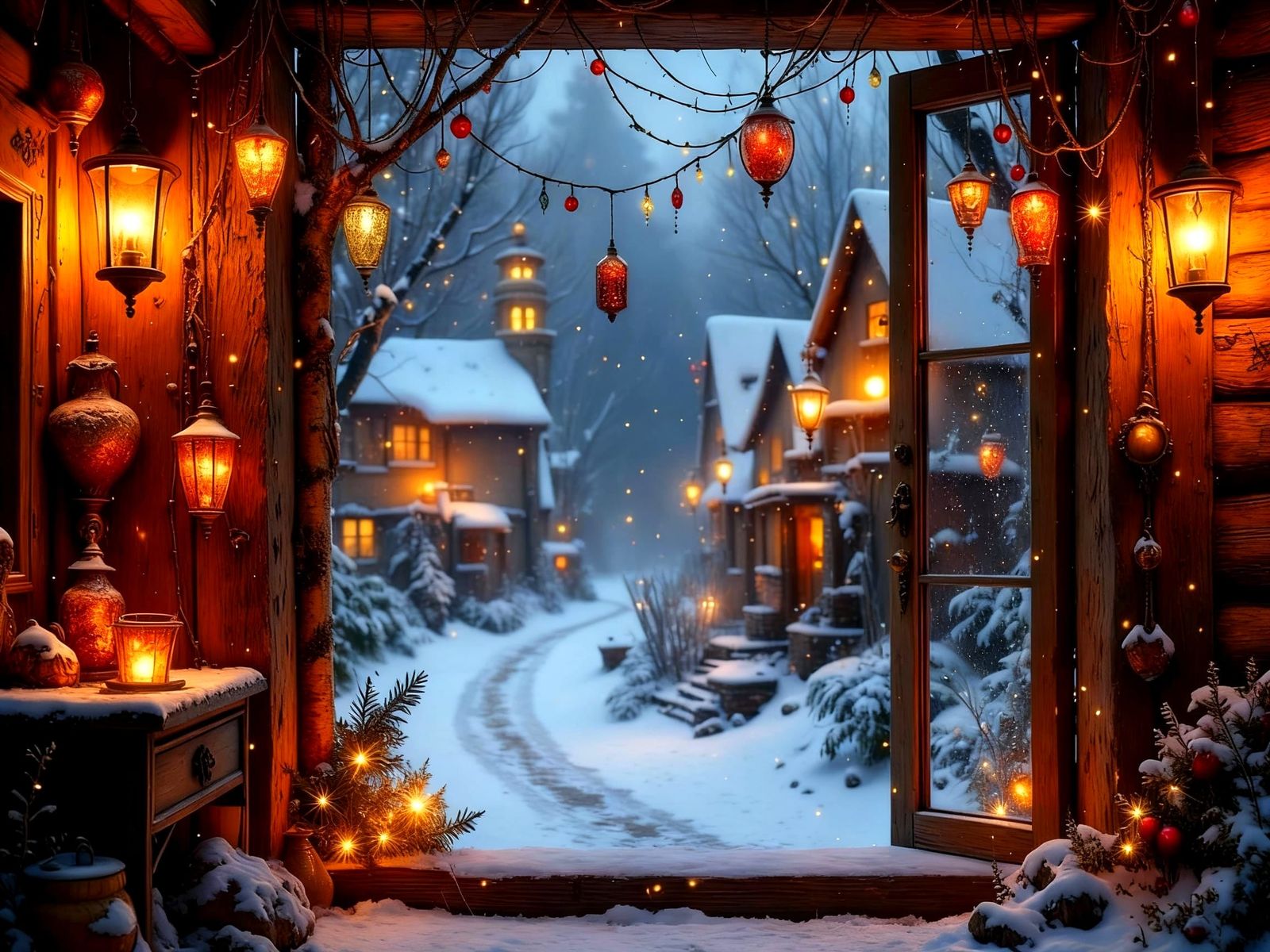 Colorful Christmas Ornaments by Rustic Window