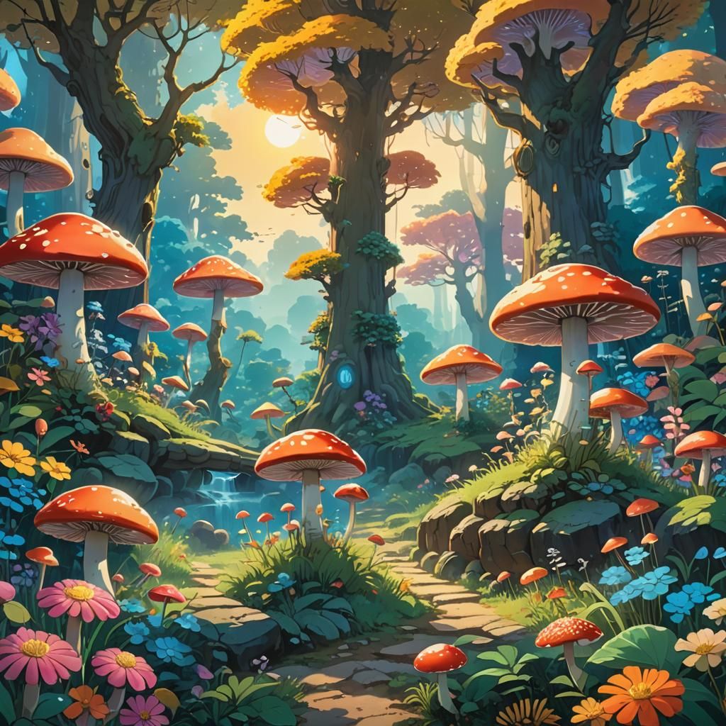 Ghibli Anime Landscape with Glowing Mushrooms