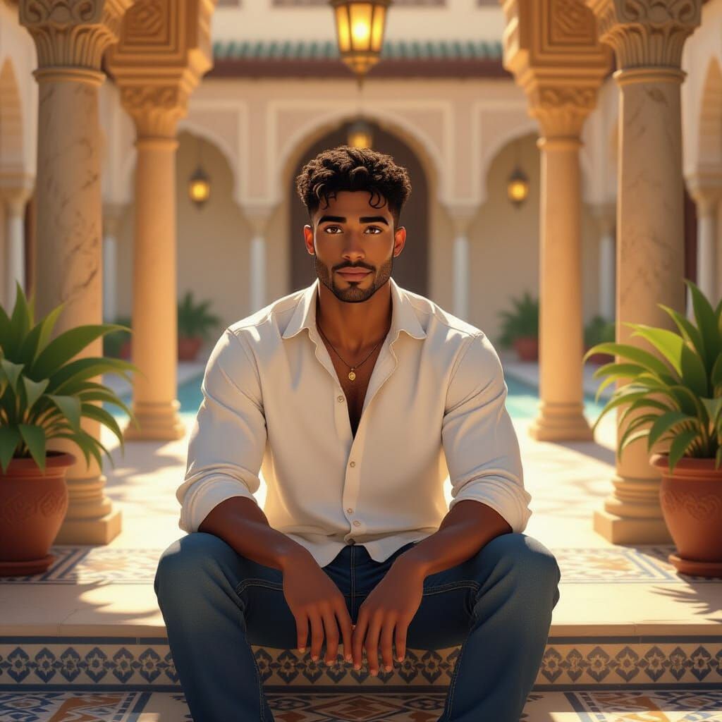 African American Man in Arabian Palace, Animated Style