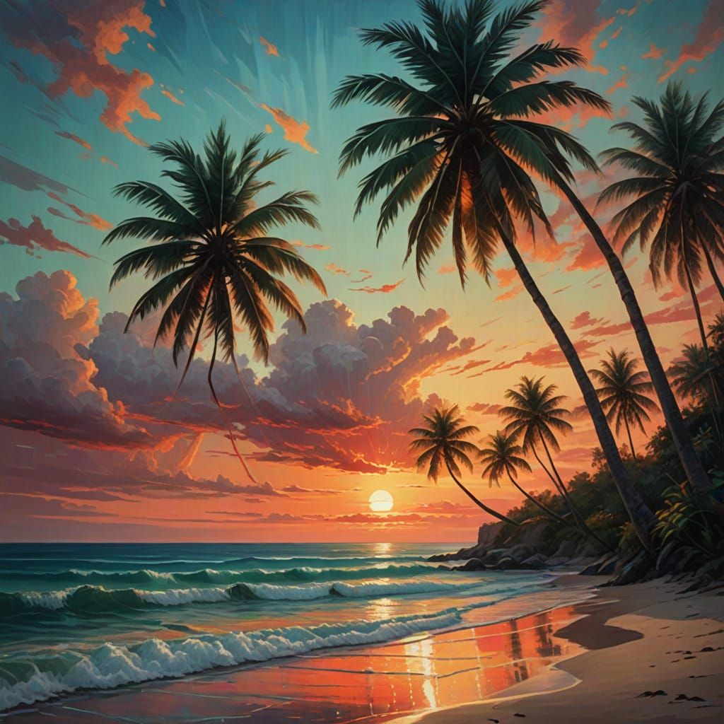 Surreal Tropical Paradise at Dusk in Vibrant Oil Painting St...