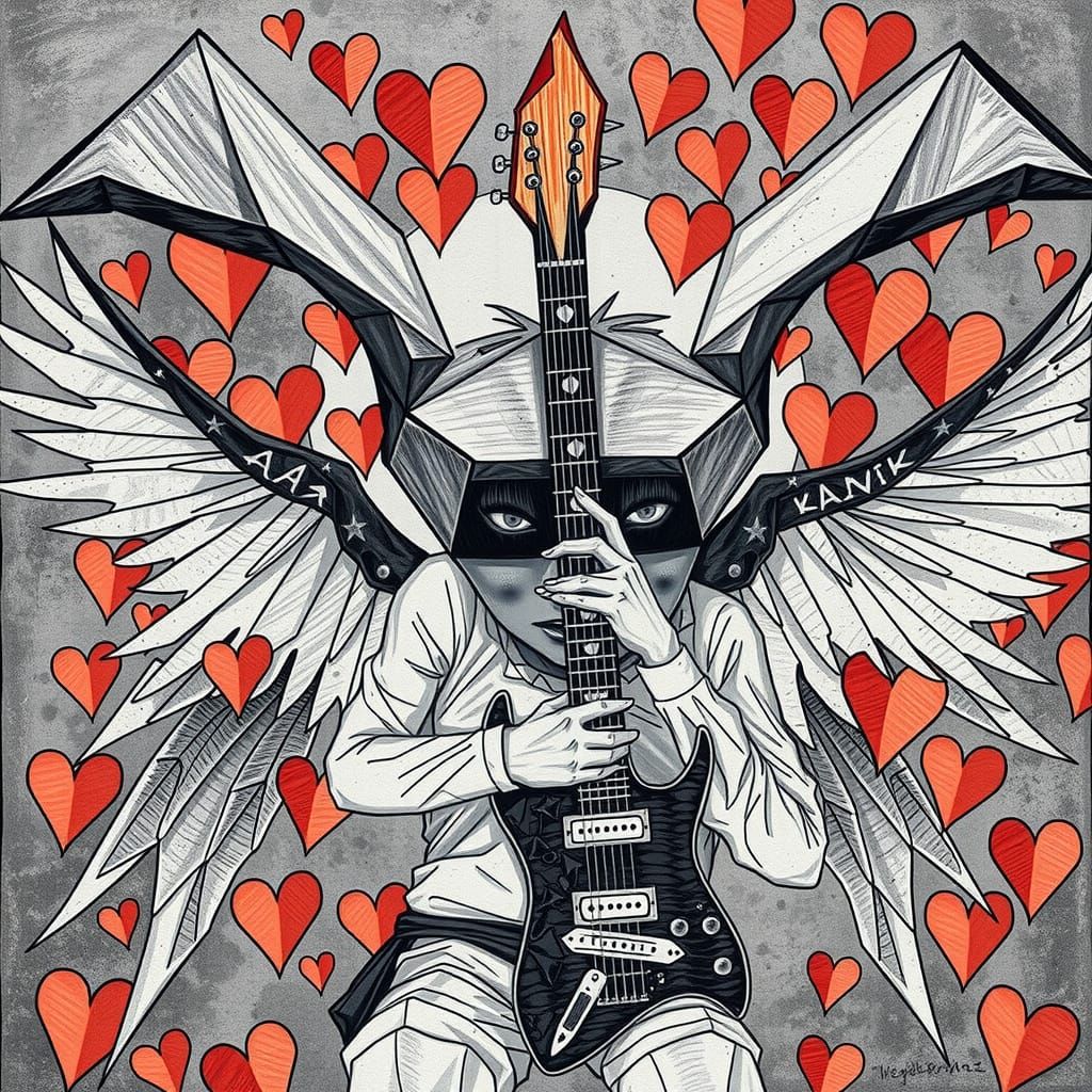 A geometric, gothic-winged cupid, styled as a punk vampire with a Mad Hatter's flair, strums a guitar amidst dark, cubis...