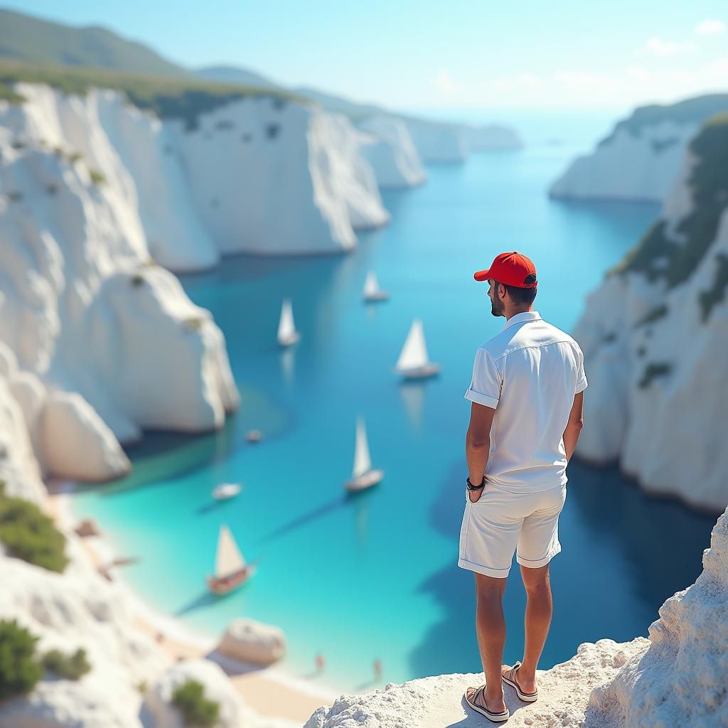 Man in Red Cap on White Cliffs, Matte Painting