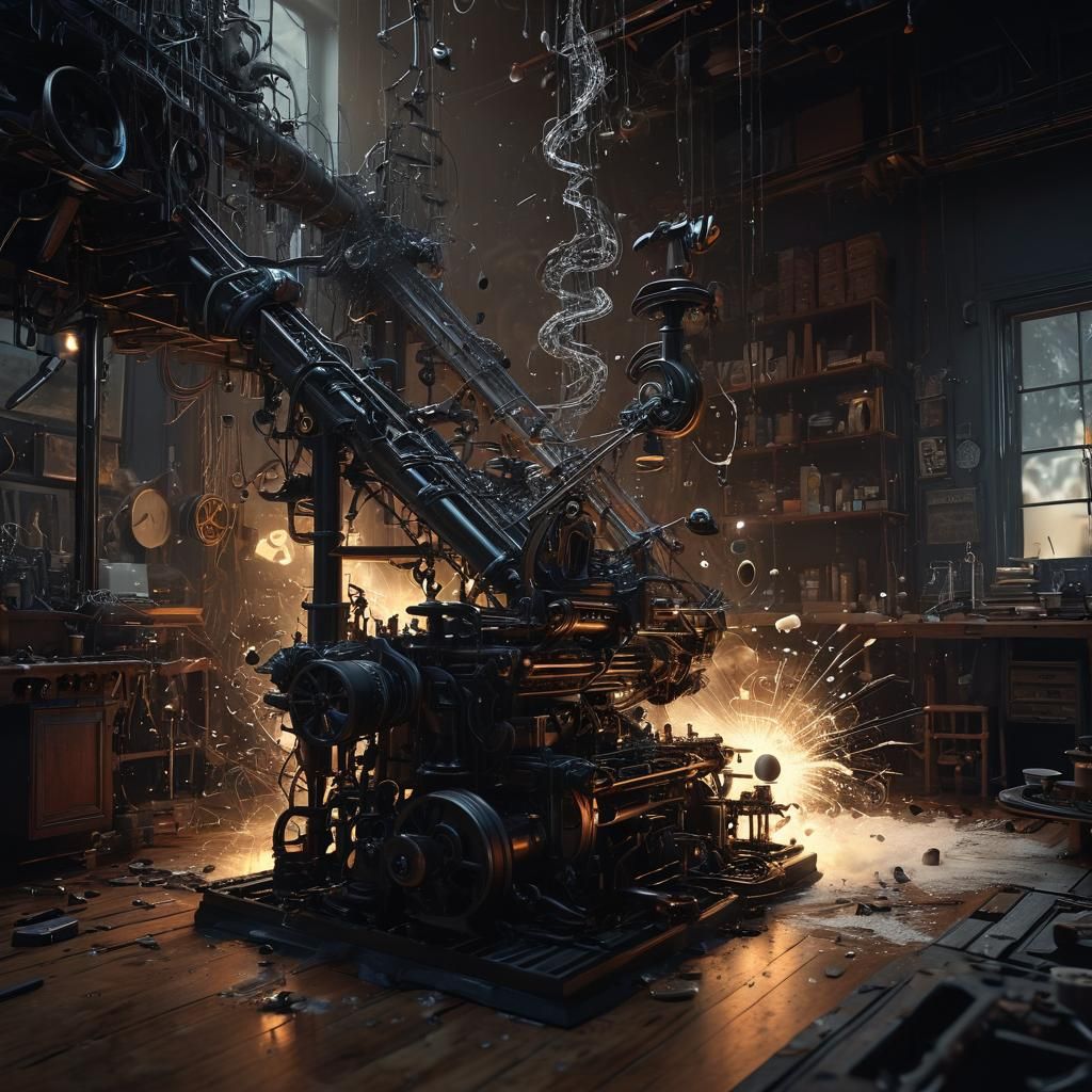 Nightmarish Rube Goldberg Machine in Dystopian Digital Art