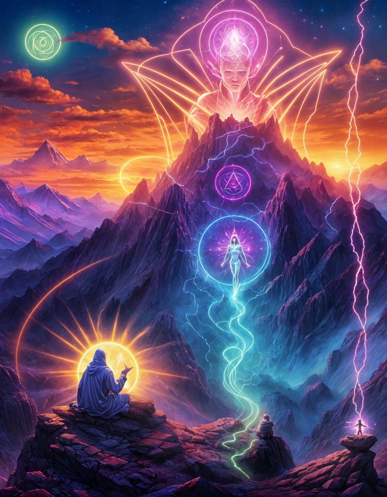 Cyberpunk Hermit Casting Magic Spell on Mountain