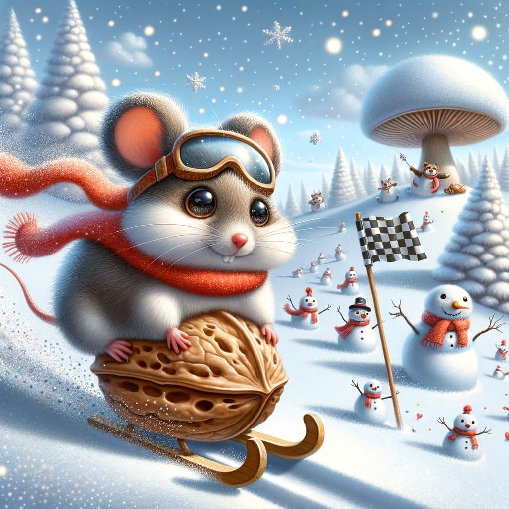 Whimsical Winter Wonderland of a Fluffy Mouse's Snowy Sled R...