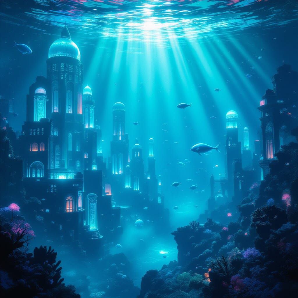 Bioluminescent Underwater Metropolis Concept Art