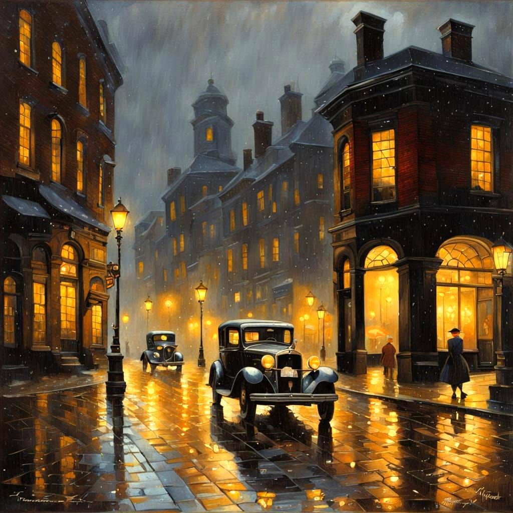 A rain-soaked cobbled square in a picturesque сity at night, gas lamps, lights in the windows, vintage car, black sky, h...