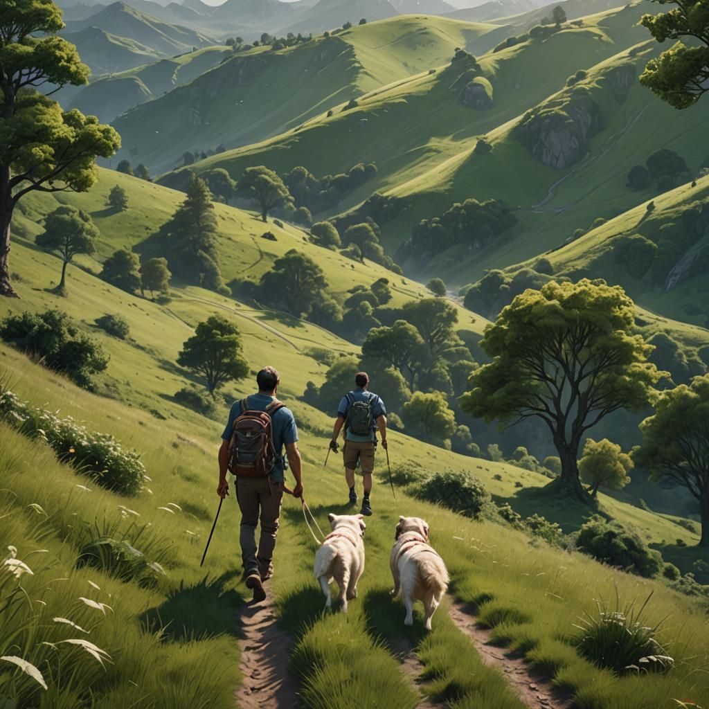 Man and Dog Hiking on Grassy Hill, Detailed Digital Art