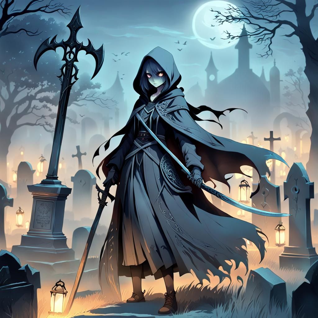 Anime Grim Reaper Girl in Misty Cemetery
