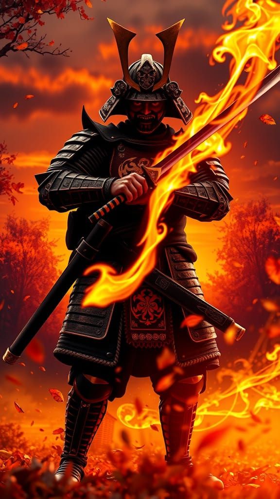Mighty Samurai in Anime-Style Autumn Twilight