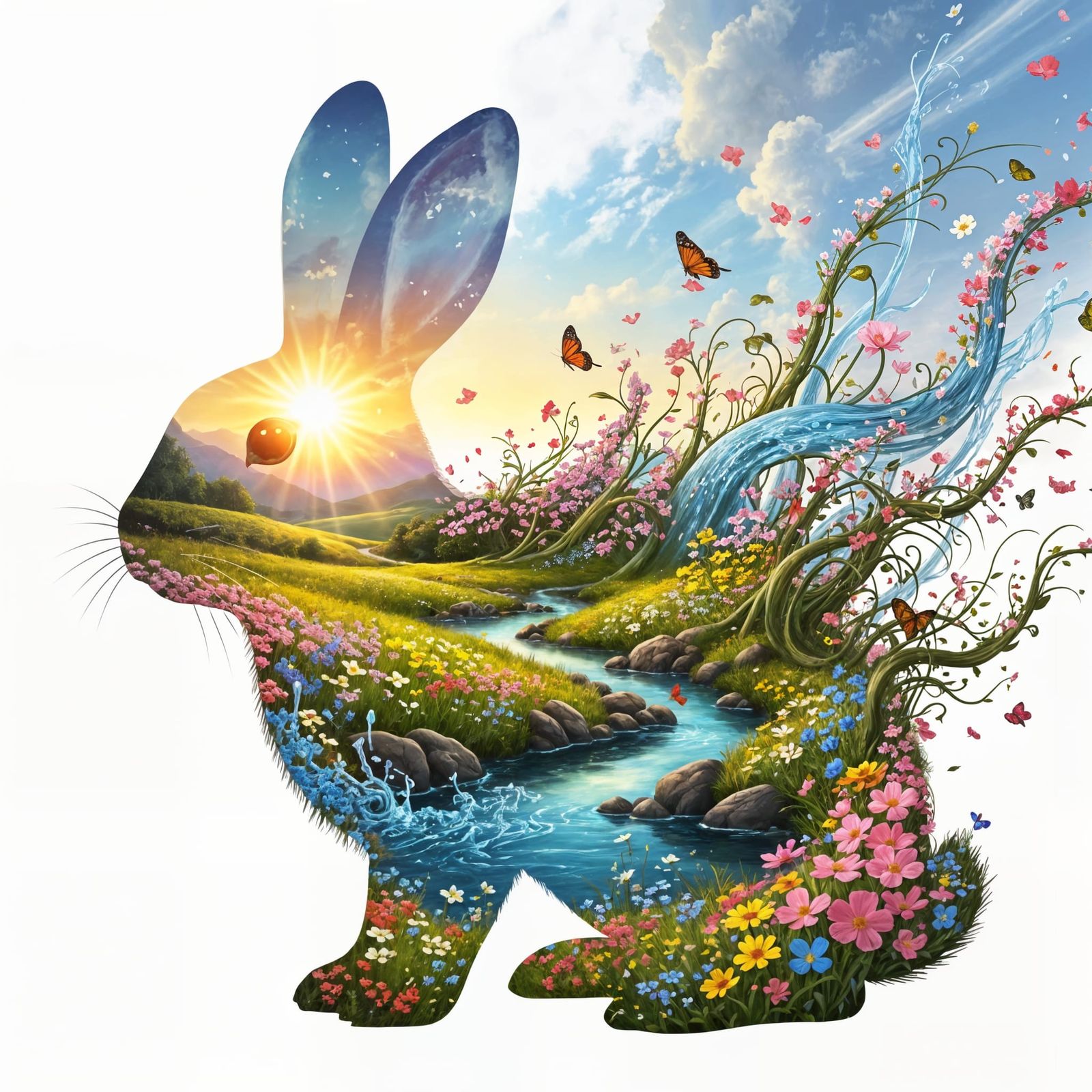 Surreal Rabbit Silhouette Filled With Spring Meadow