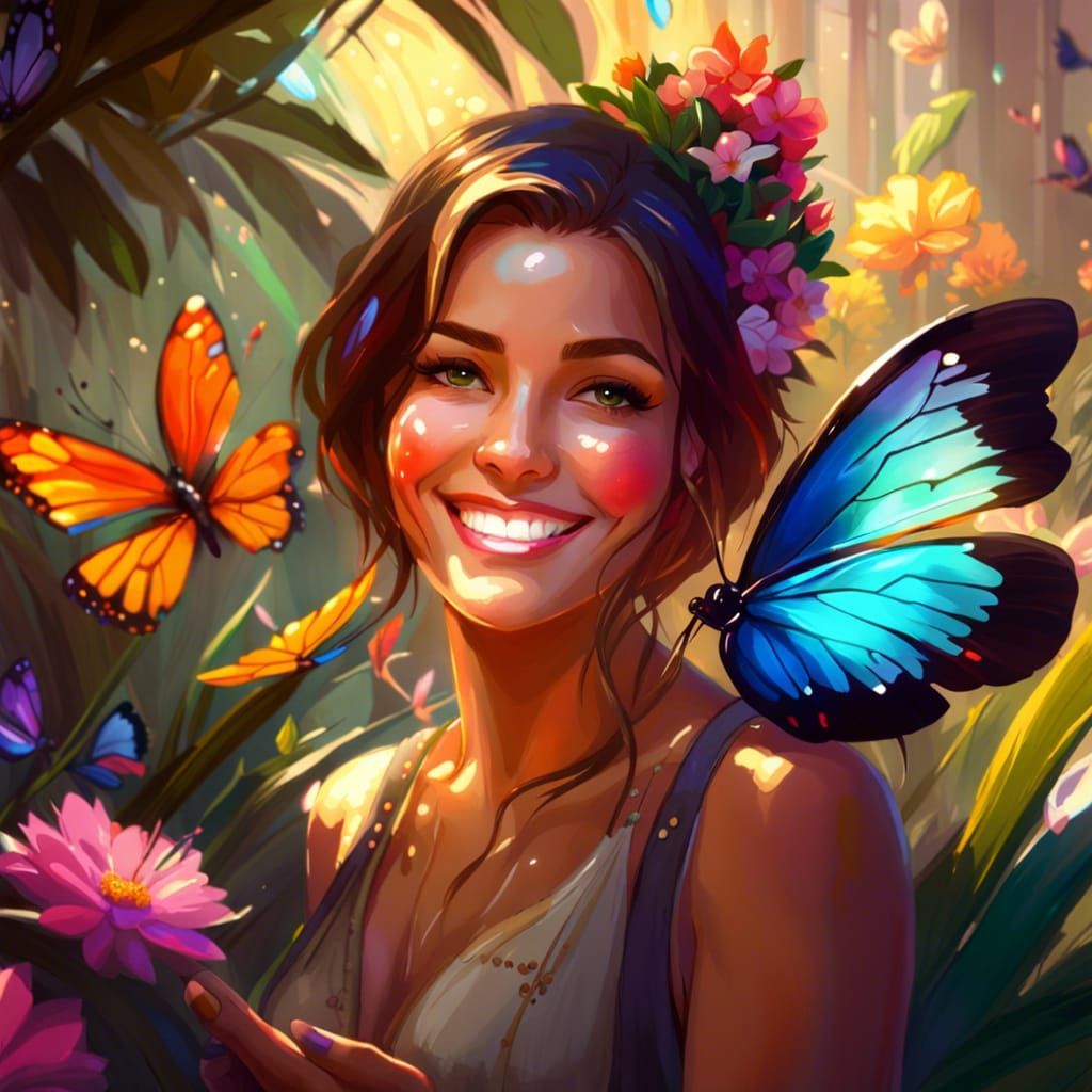 Woman and Butterfly in Blooming Nature